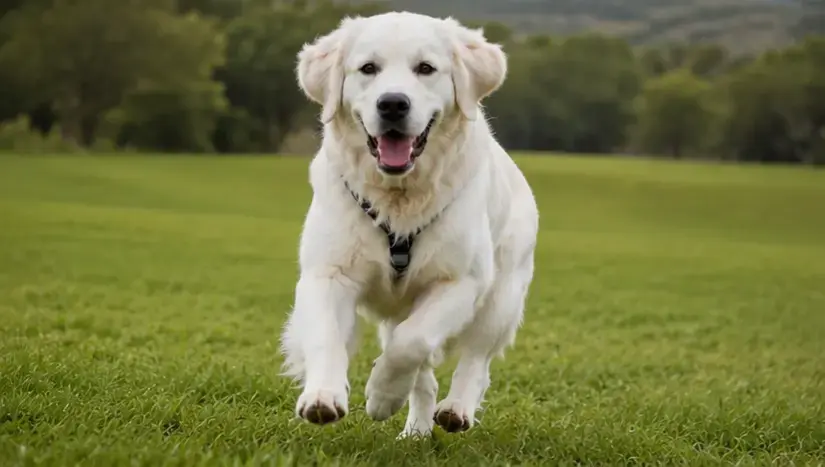 english cream golden retriever running through a grass field